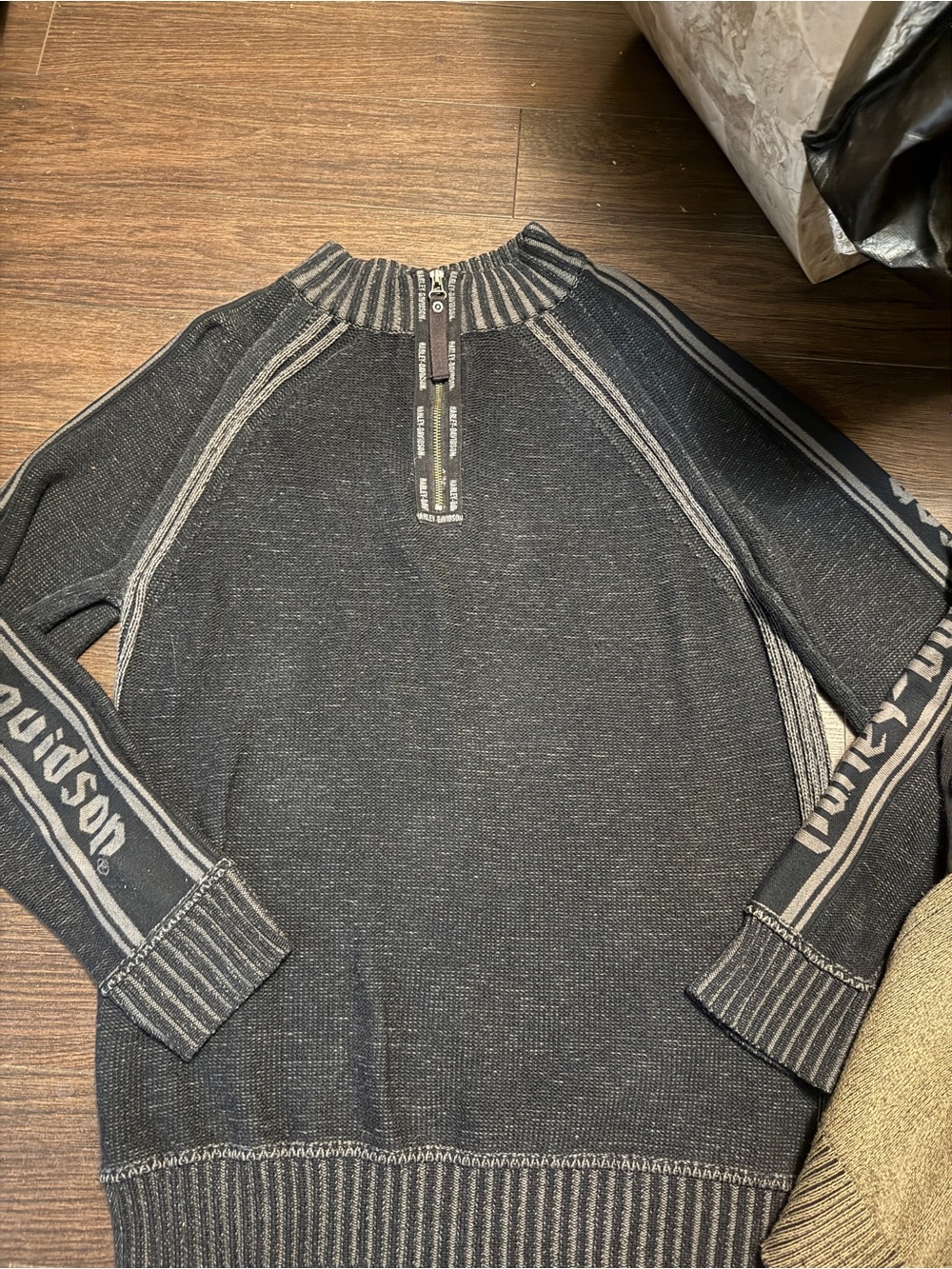 Harley-Davidson Black and Gray Zip-Neck Knit Sweater